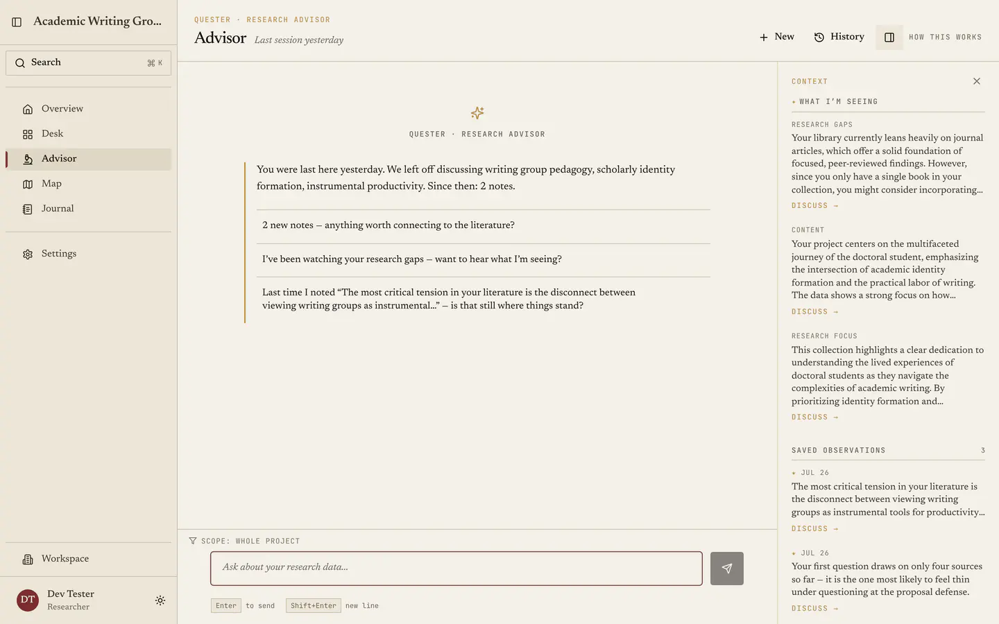 The Advisor: a conversation with project context and saved research observations.