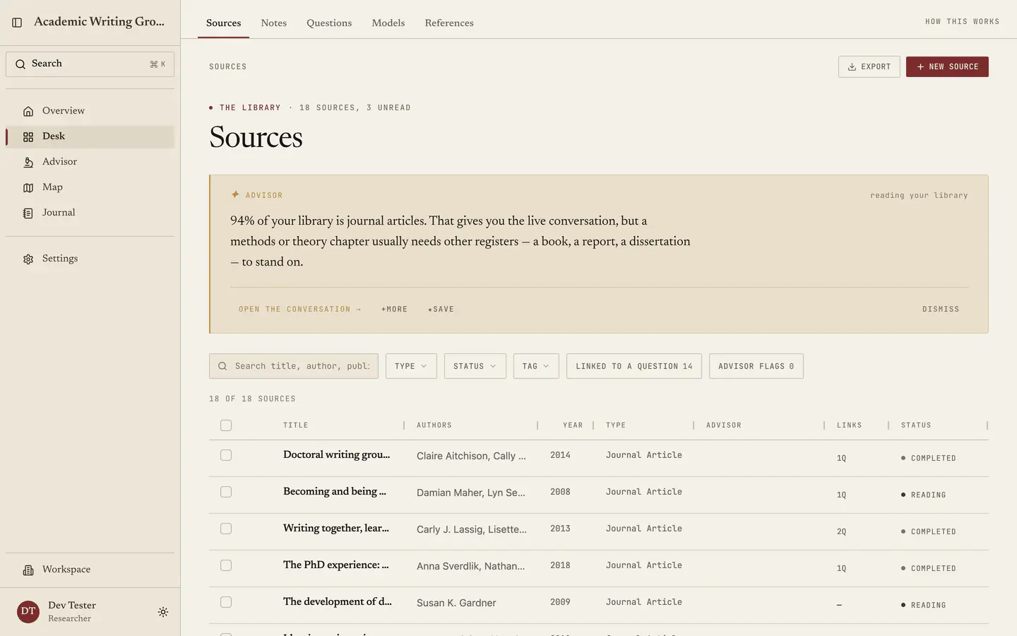 The Desk: research sources with authors, dates, reading status, and links to questions.